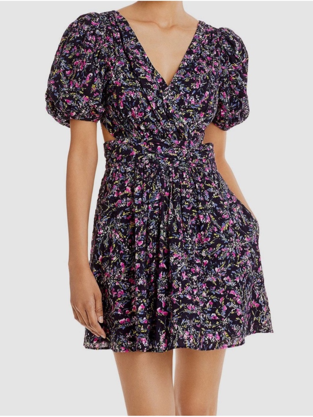 French Connection Black Floral Puff-Sleeve Wrap Mini Dress